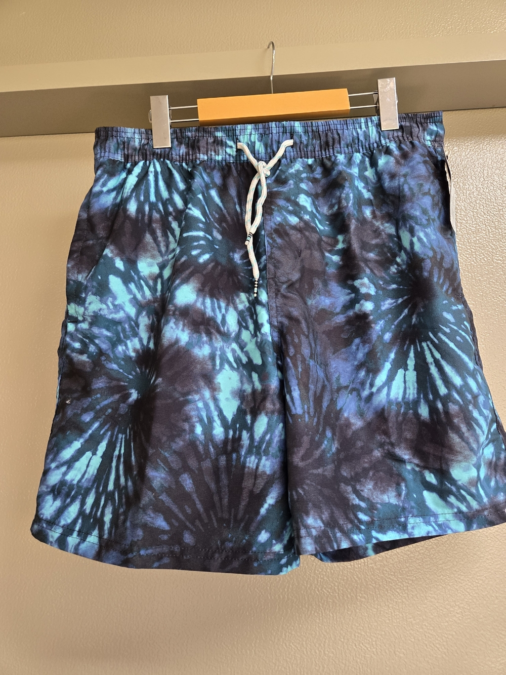 Men's Teal and Black Tie-Dye Swim Trunks US Medium UPF 50+